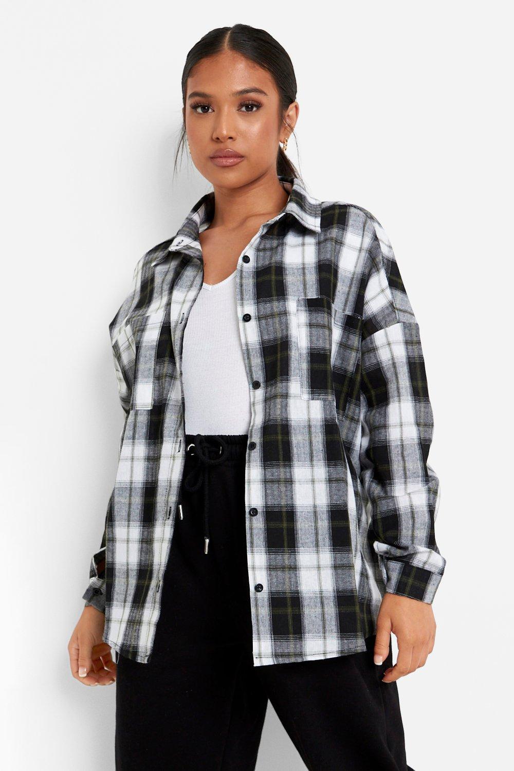 Black Petite Oversized Check Shirt