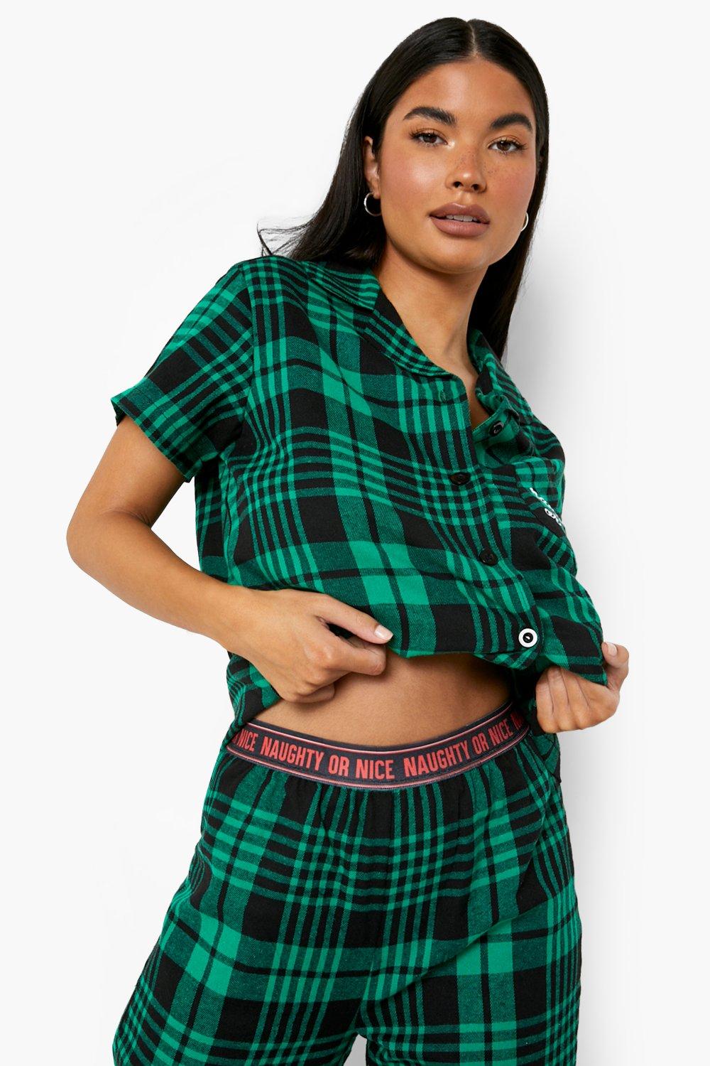 Cozy Christmas Pajamas, women's plaid pajamas, women's blue pajama top with  green and blue plaid pajama pants, Lands End-min