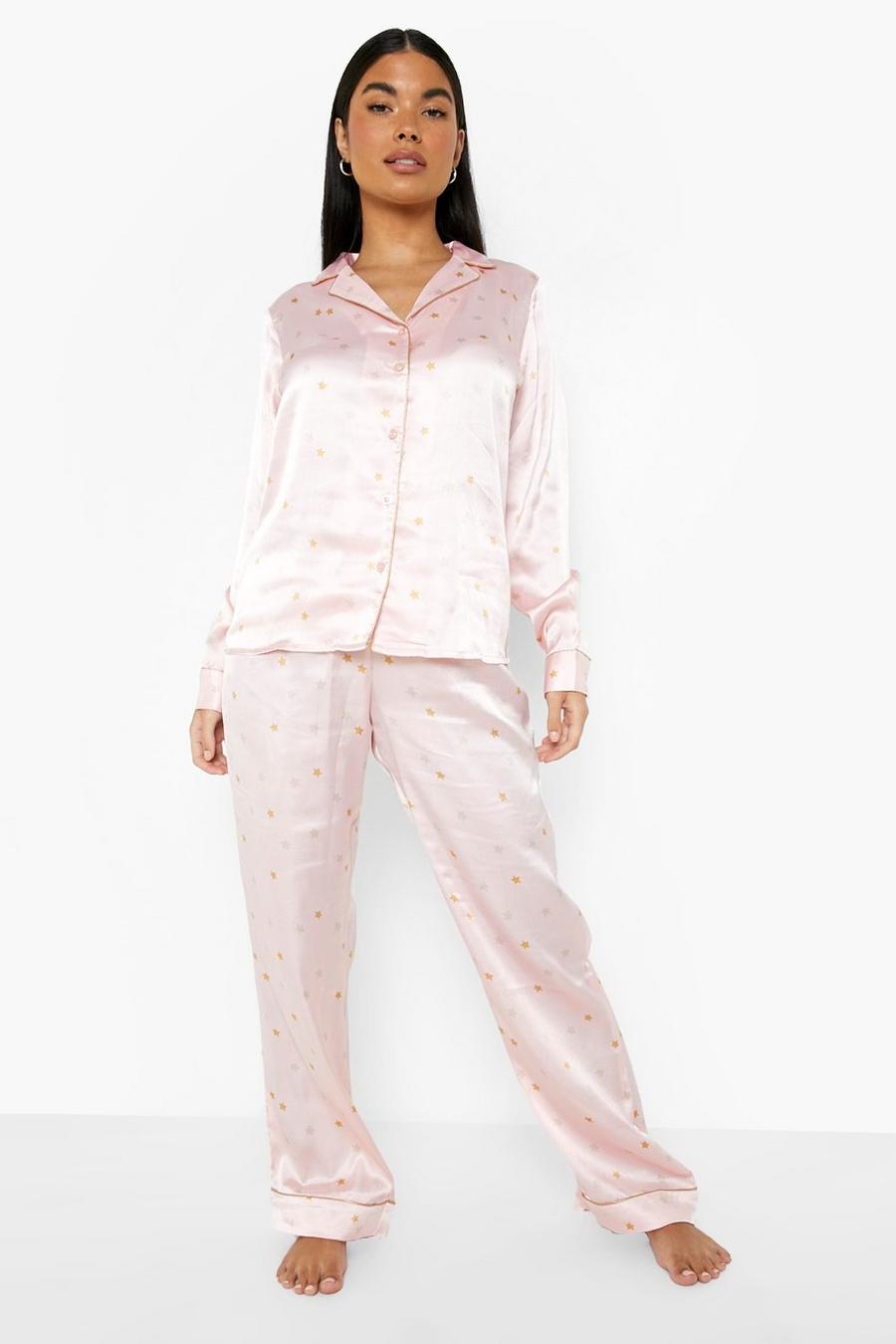 Petite 3-teiliges Satin Pyjama-Set mit Sternen, Blassrosa image number 1