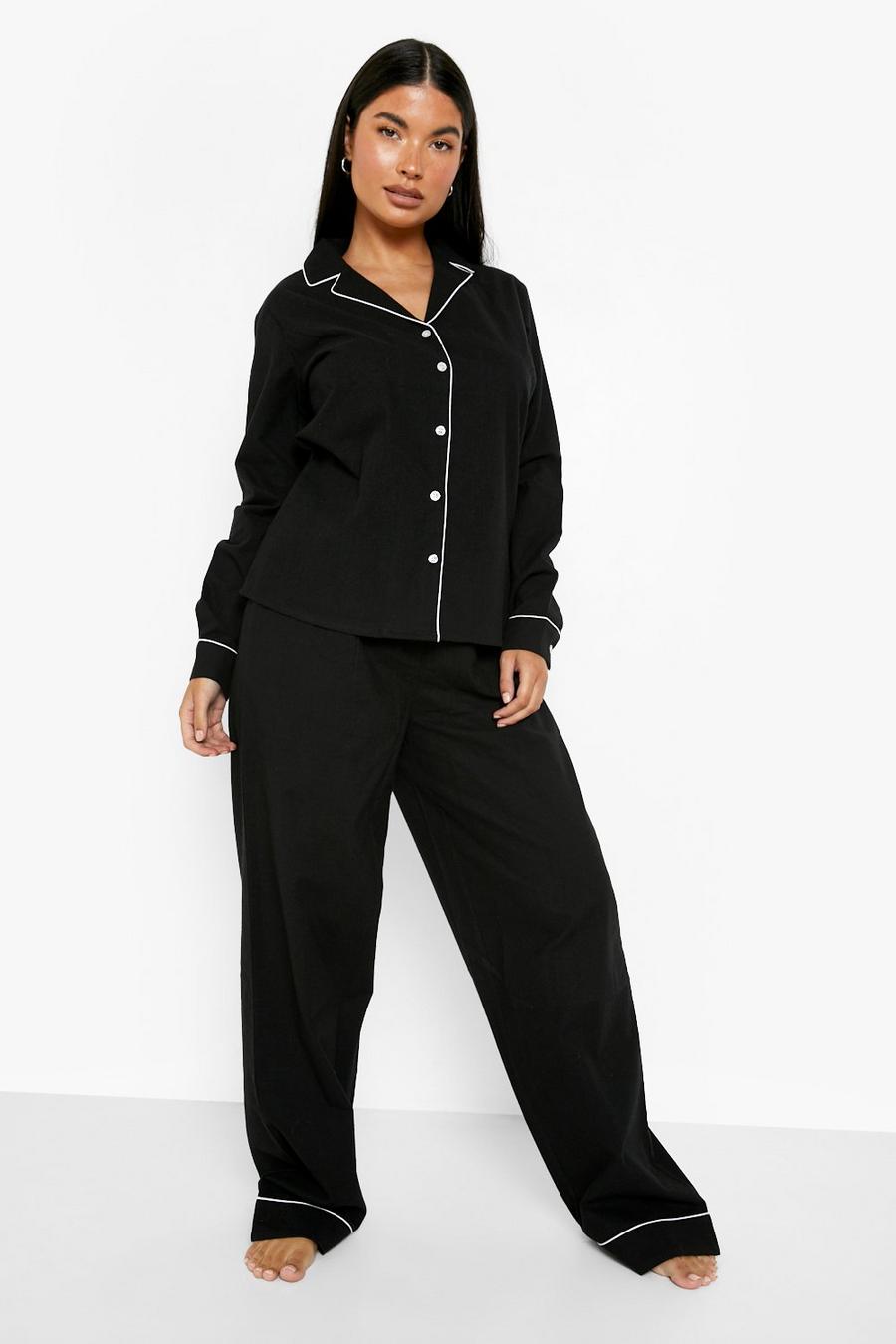 Black Petite Geborstelde Pyjama Set Met Broek En Knopen image number 1