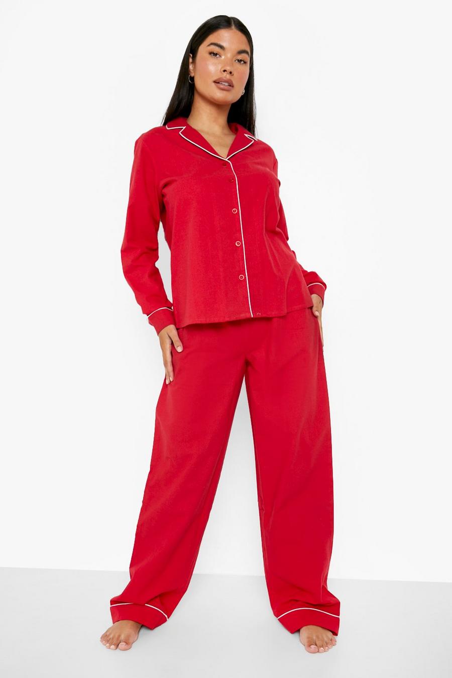 Red Petite Christmas Brushed Button Through Pj Trouser Set image number 1