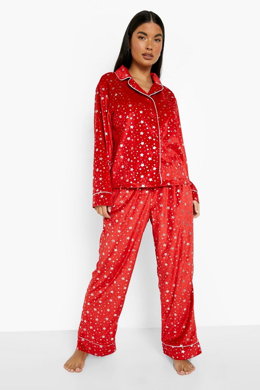 Petite Weihnachts Samt-Pyjama mit Metallic-Sternen, Red image number 1