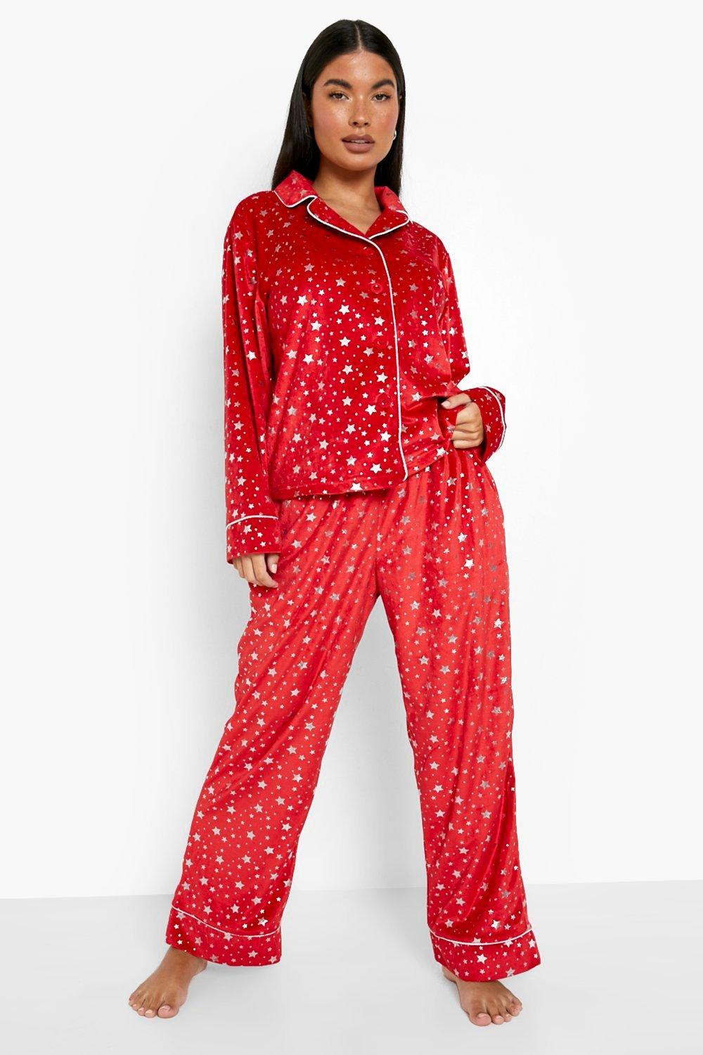 Petite Christmas Metallic Star Print Velvet Pj Set