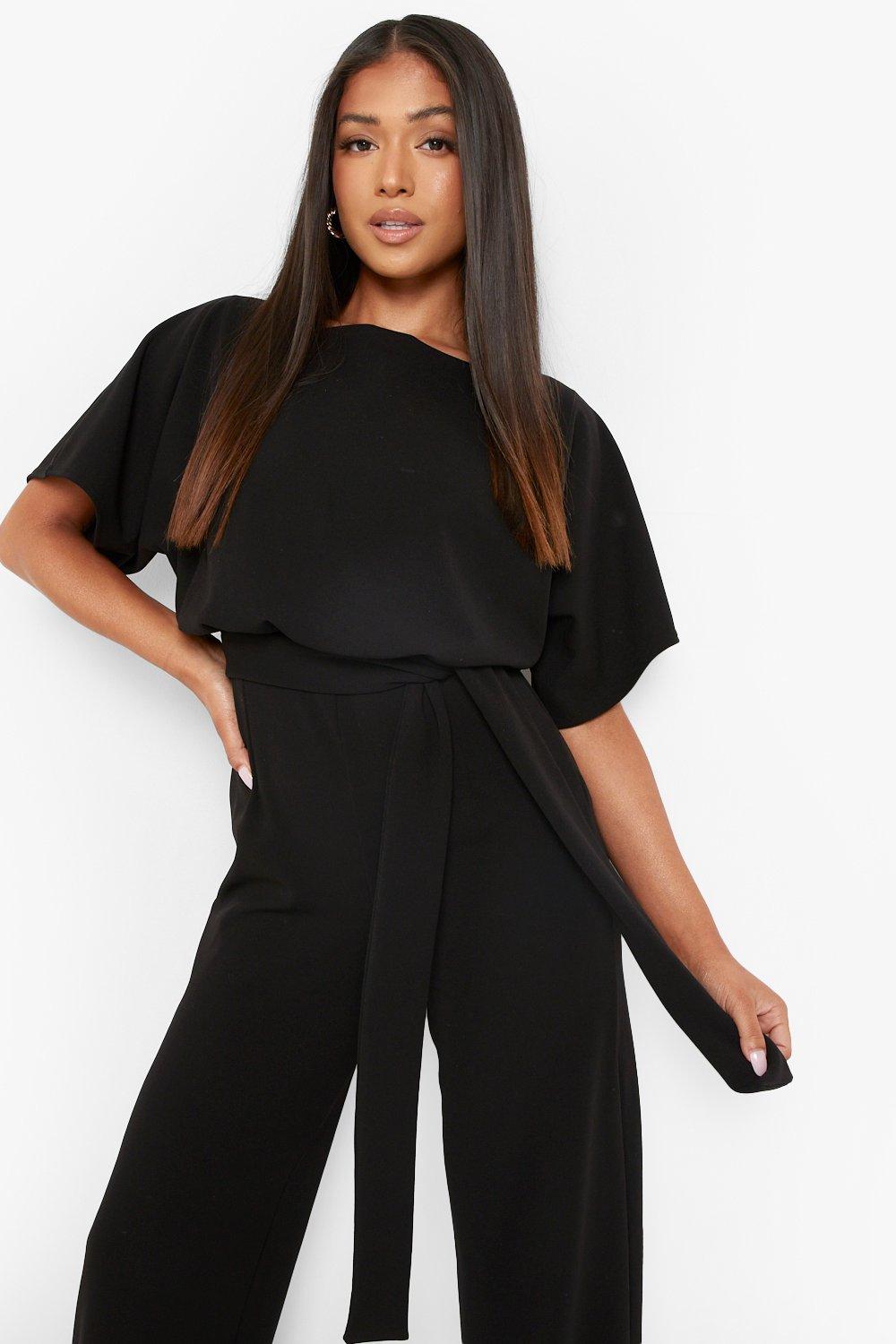 Petite Leaf Print Tie Waist Jersey Jumpsuit in Black