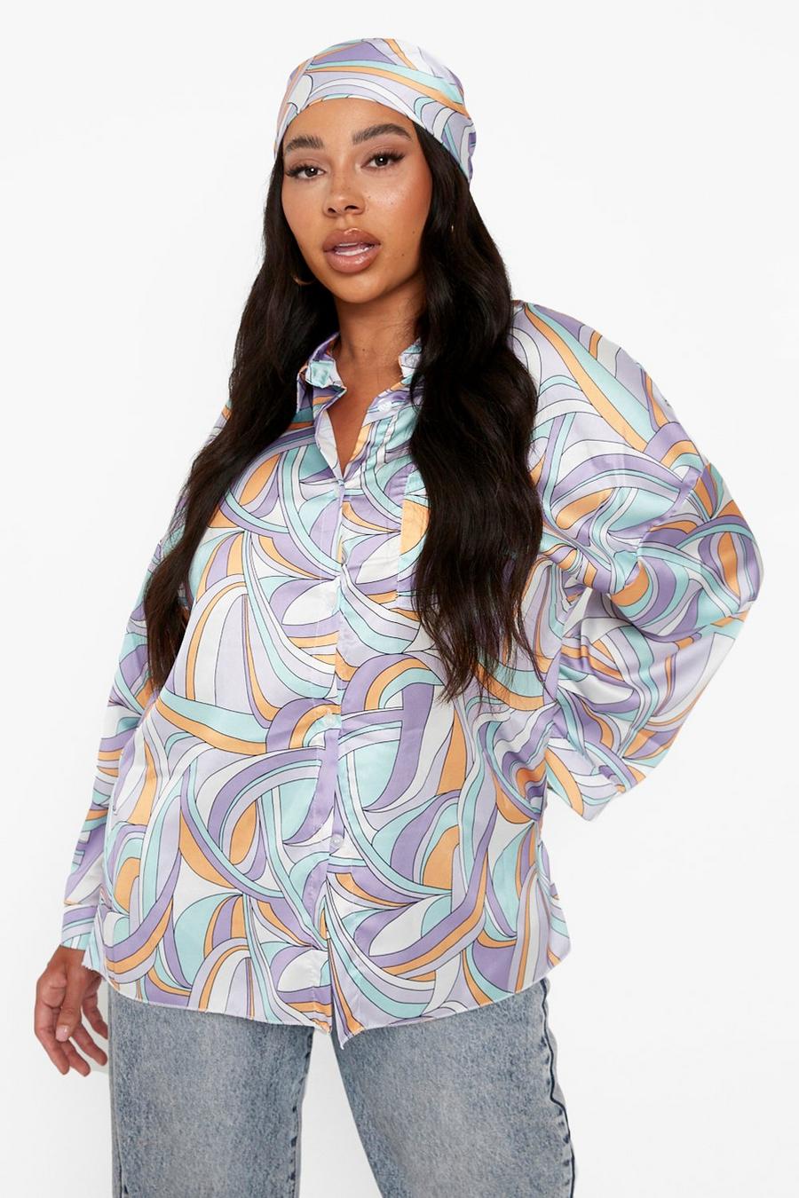 Lilac Plus Printed Oversized Shirt And Head Scarf image number 1