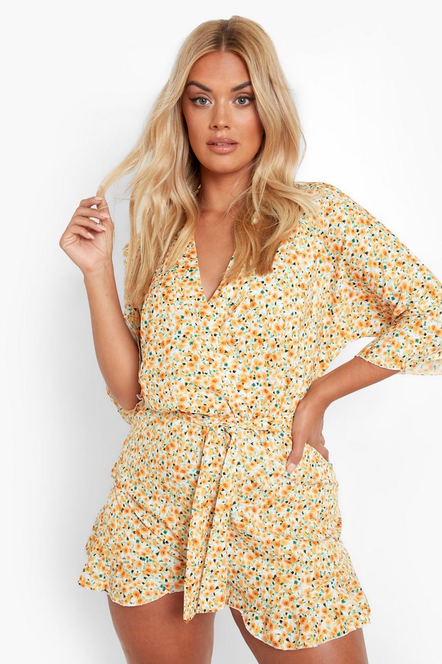 Rust Plus Floral Wrap Ruffle Playsuit image number 1