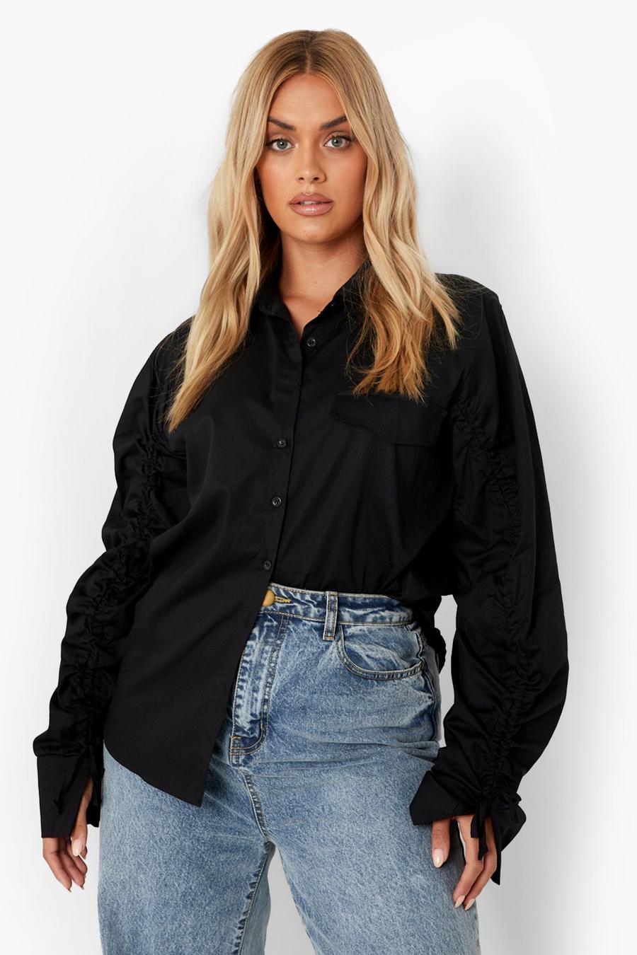 Black Plus Ruched Sleeve Oversized Shirt image number 1