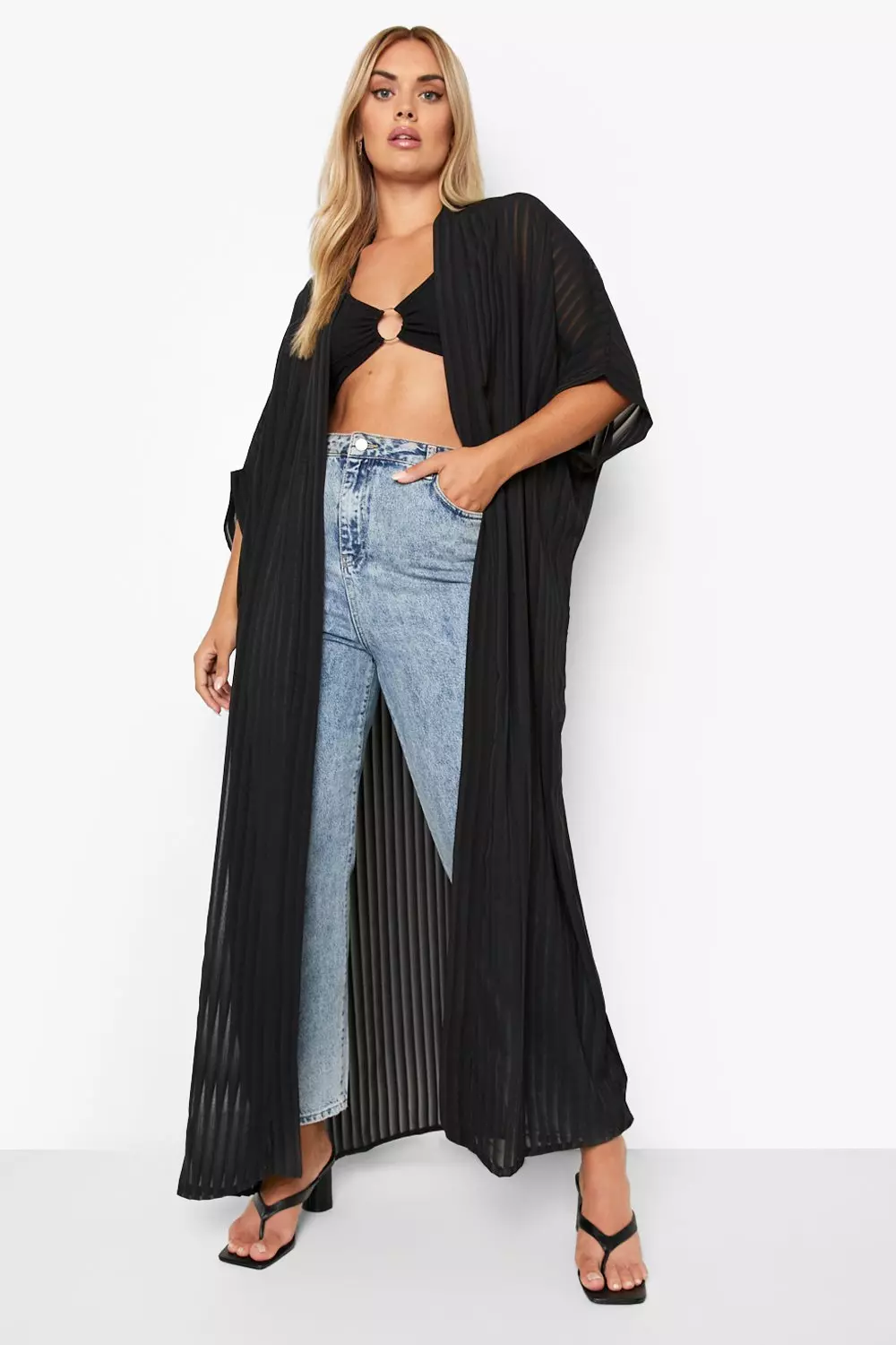 Black Plus Sheer Stripe Maxi Kimono alternative image