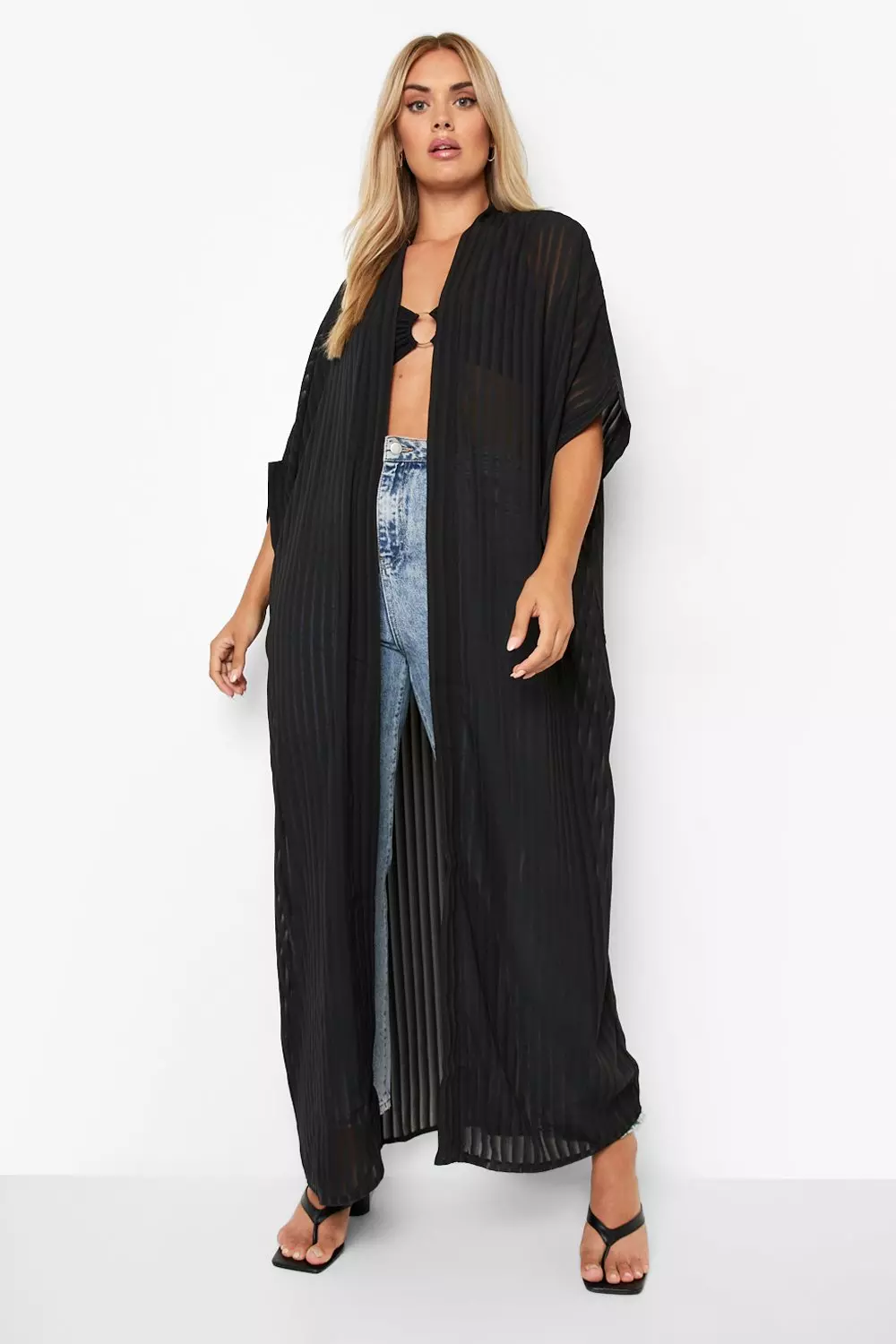 Black Plus Sheer Stripe Maxi Kimono alternative image