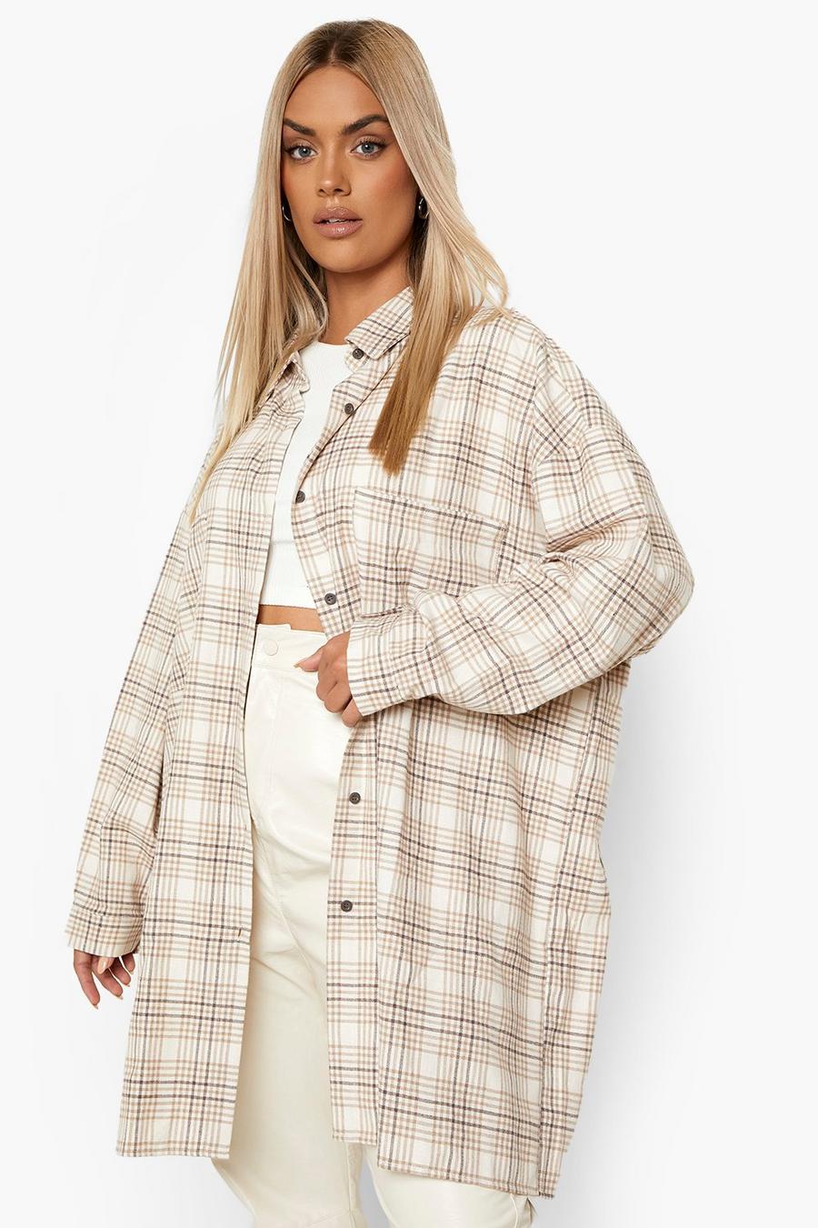 Beige beis Plus Oversized Check Shirt image number 1