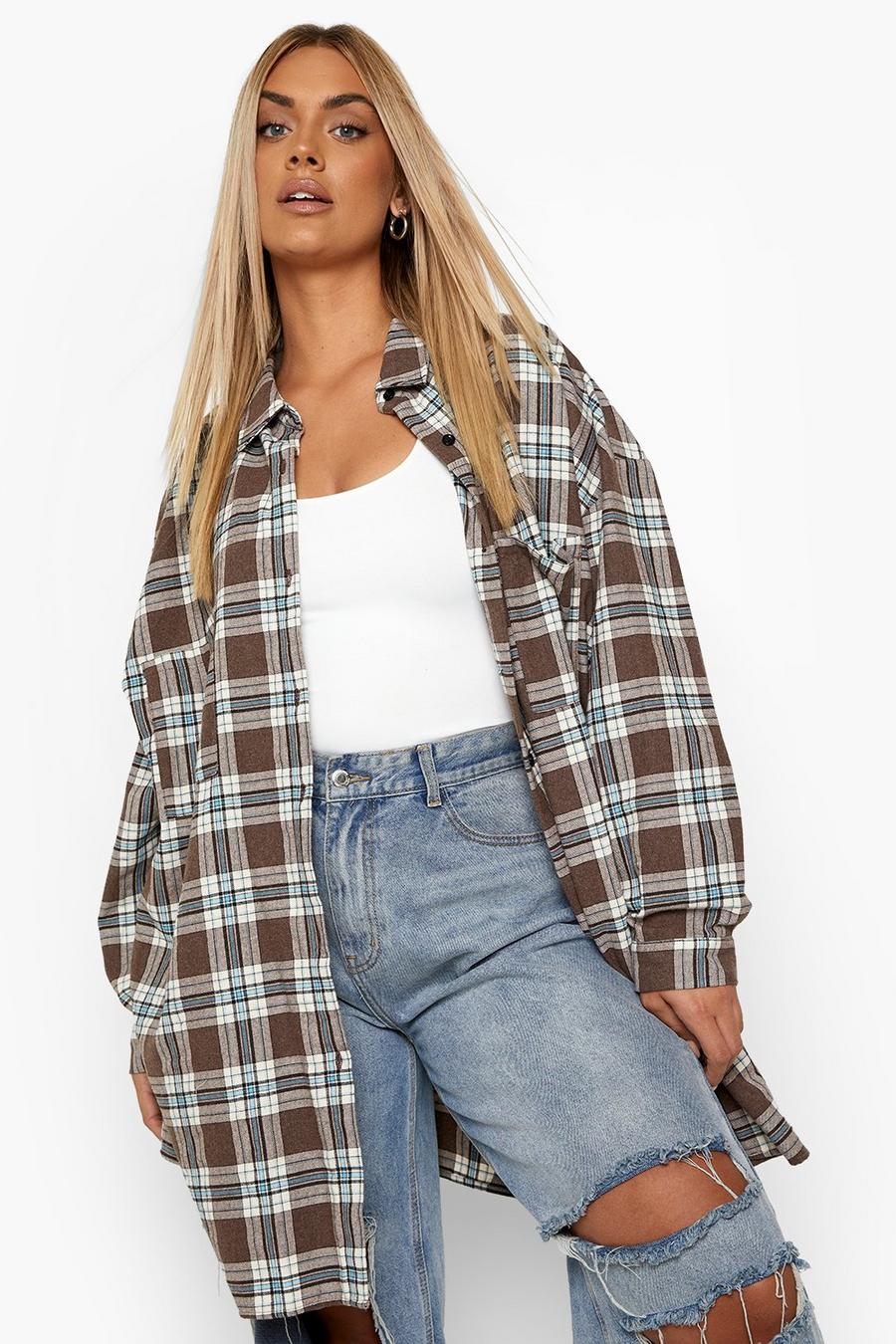 Brown Plus Oversized Check Shirt image number 1