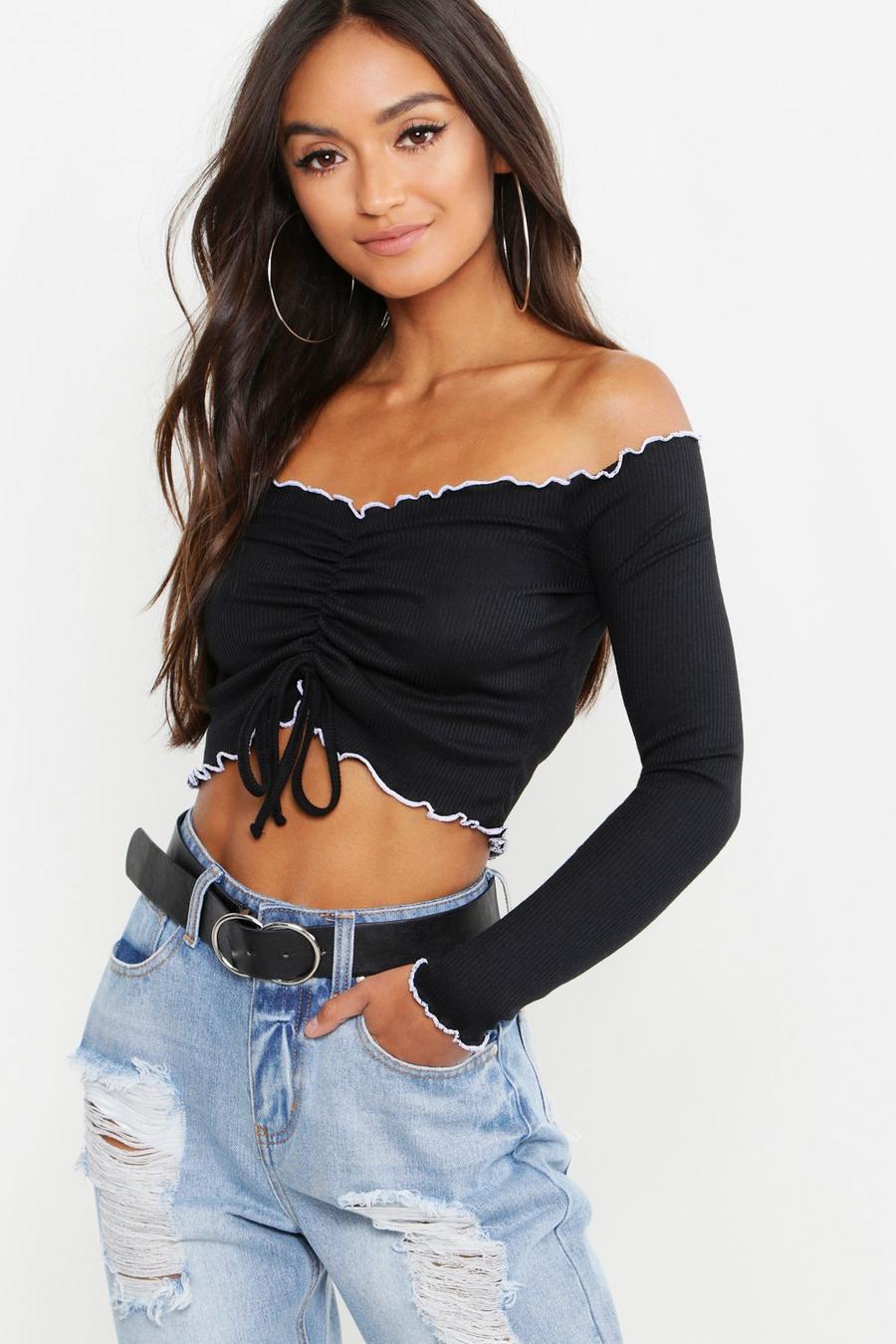 Black Petite Contrast Rib Ruched Top image number 1