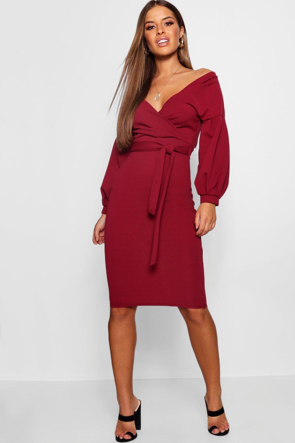 bardot wrap midi dress