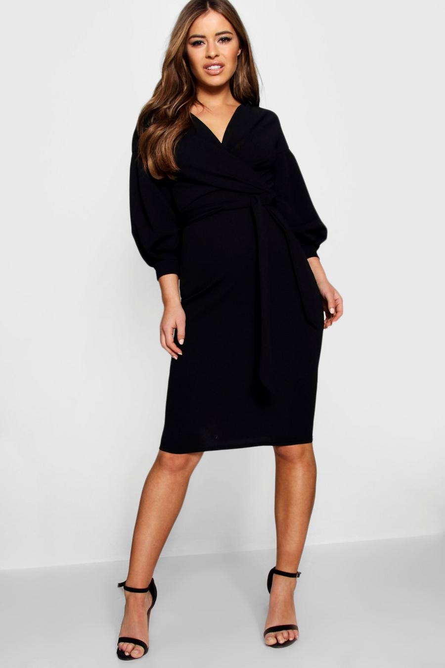 Black Petite Recycled Off The Shoulder Wrap Midi Dress