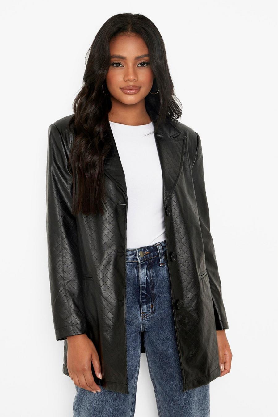 Black Petite Quilted Faux Leather Oversized Blazer