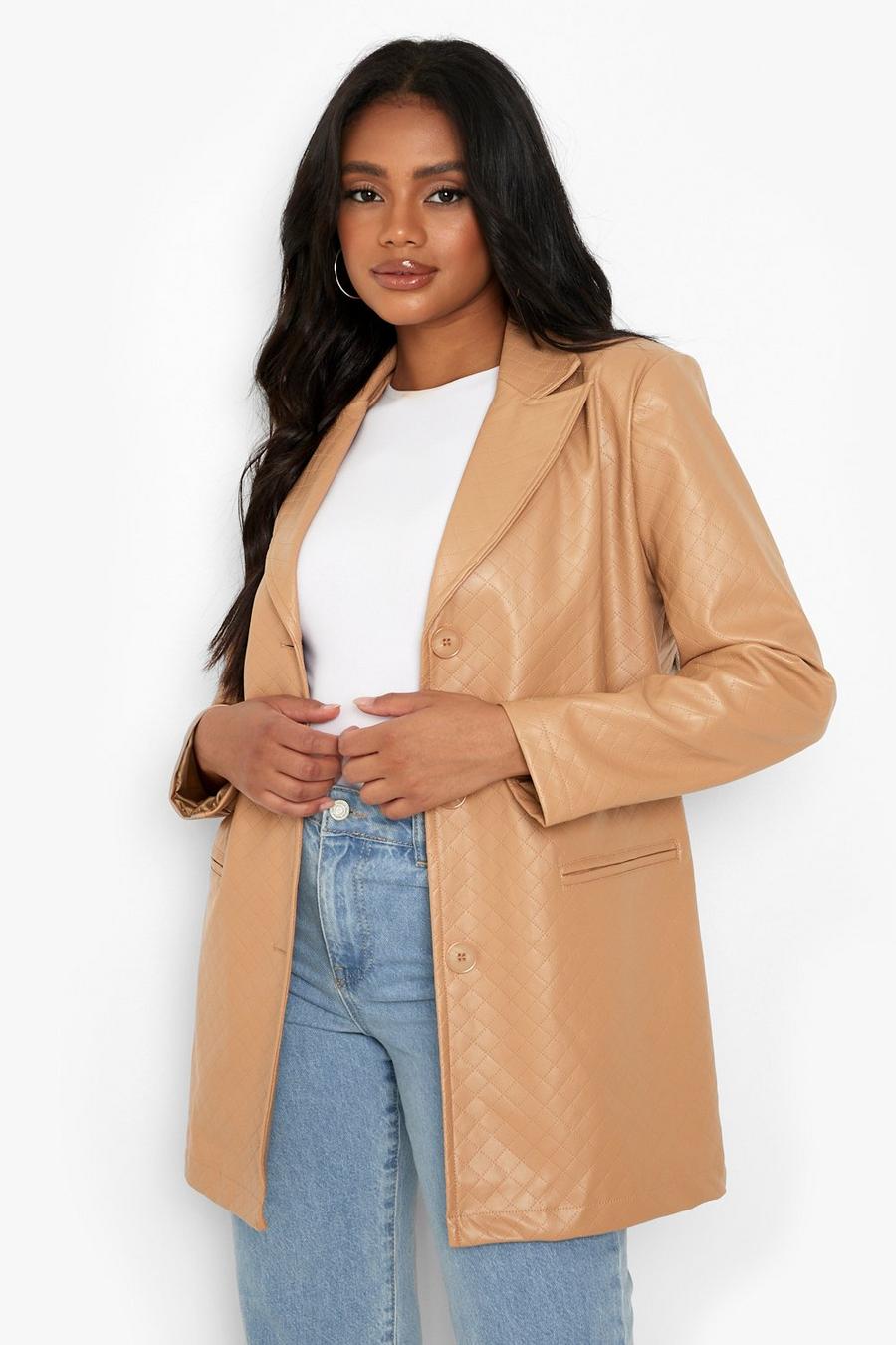 Camel Petite Quilted Faux Leather Oversized Blazer image number 1