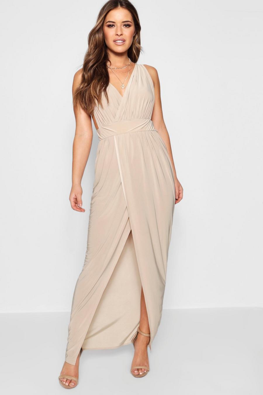 Champagne beige Petite Recycled Plunge Drape Maxi Dress