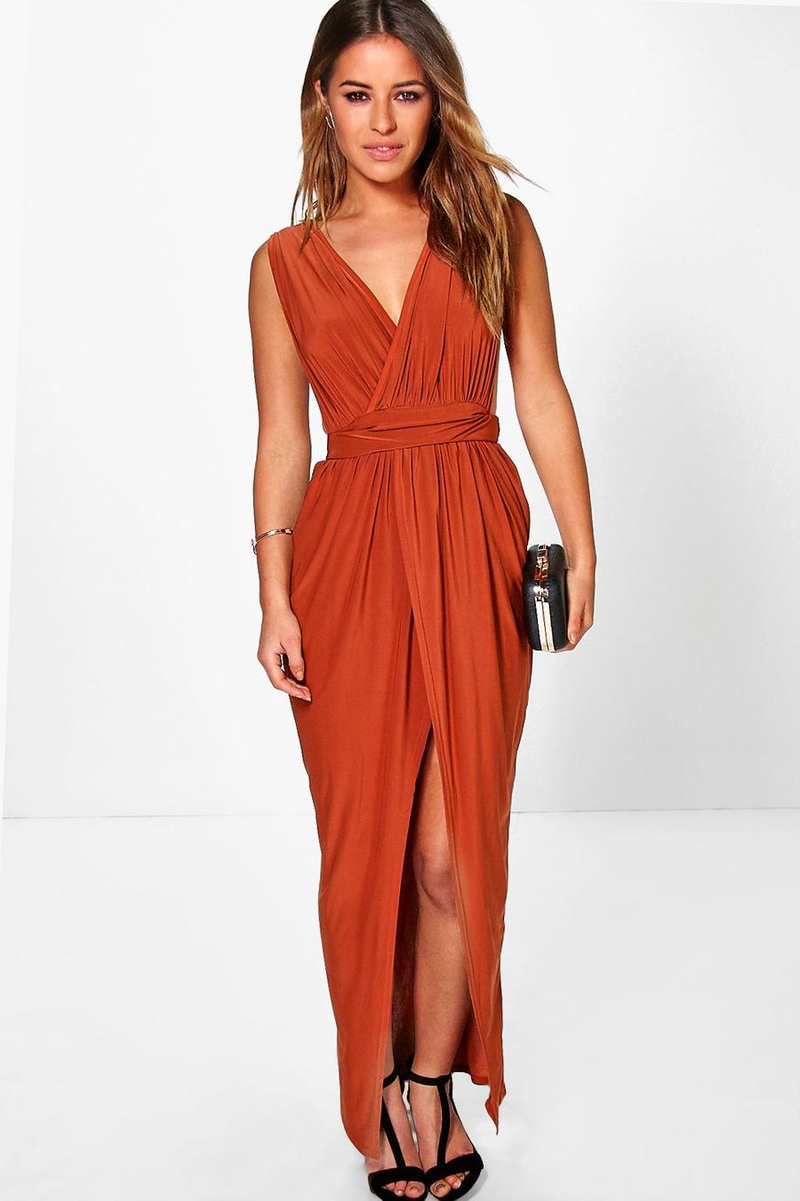 Vestito maxi Petite in fibre riciclate con scollo profondo e drappeggio, Copper arancio