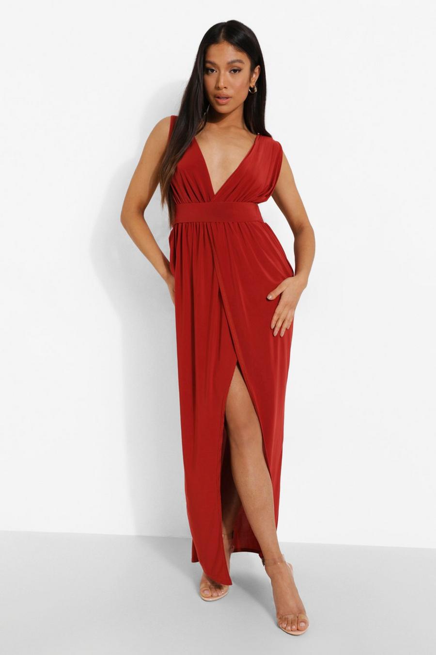 Red Petite Recycled Plunge Drape Maxi Dress