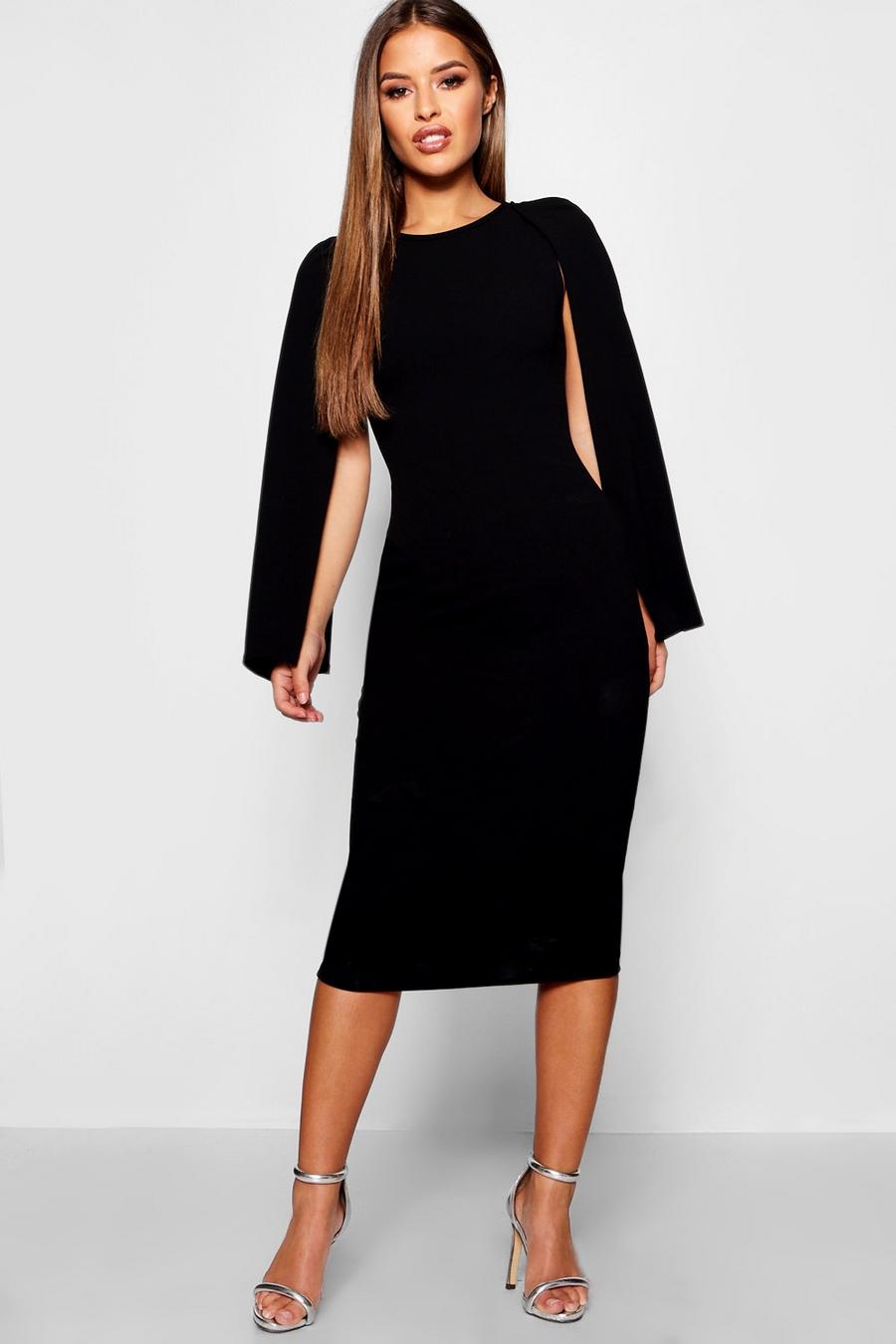 Black Petite Recycled Cape Sleeve Midi Dress image number 1