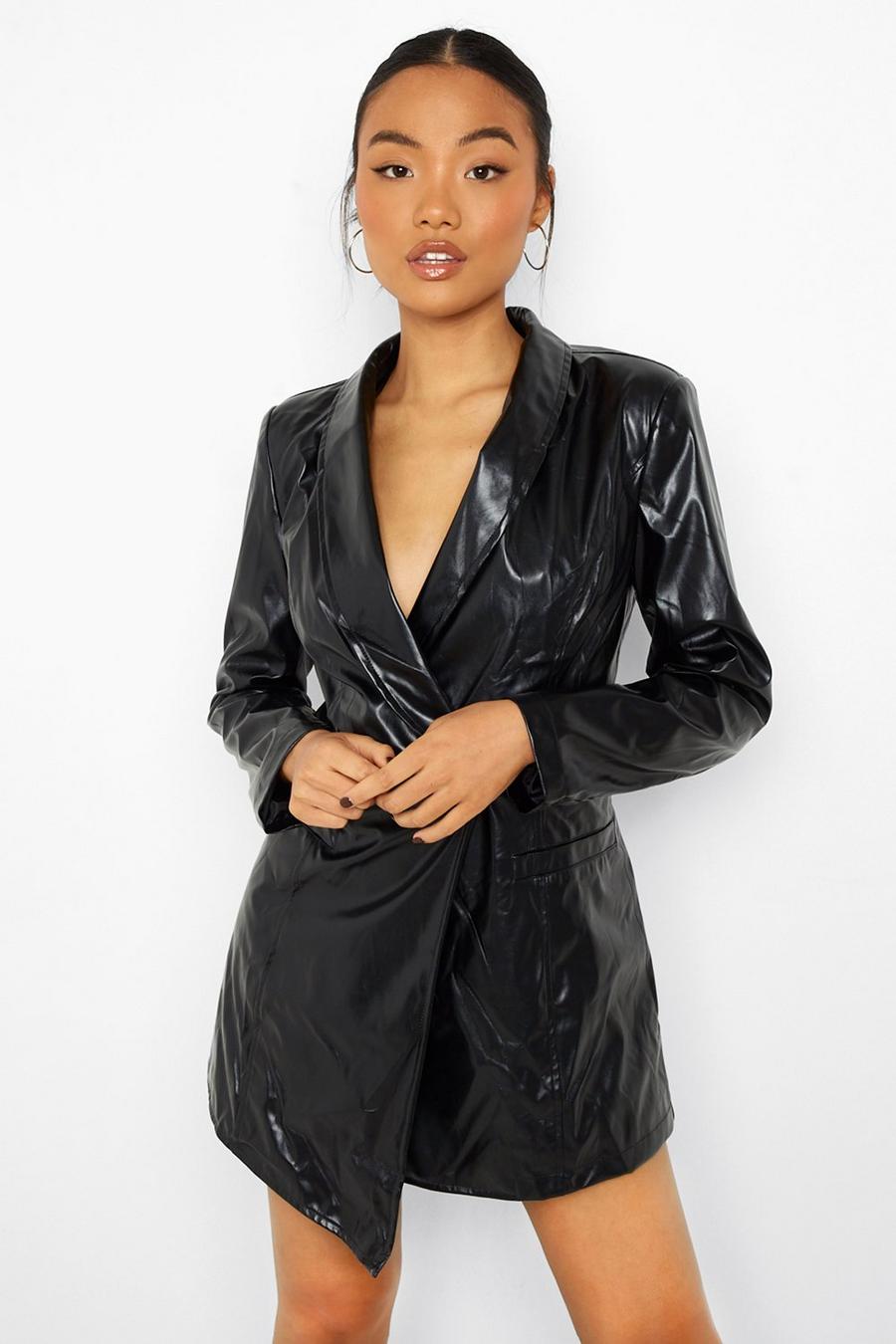 Black Petite Faux Leather Wrap Blazer Dress image number 1