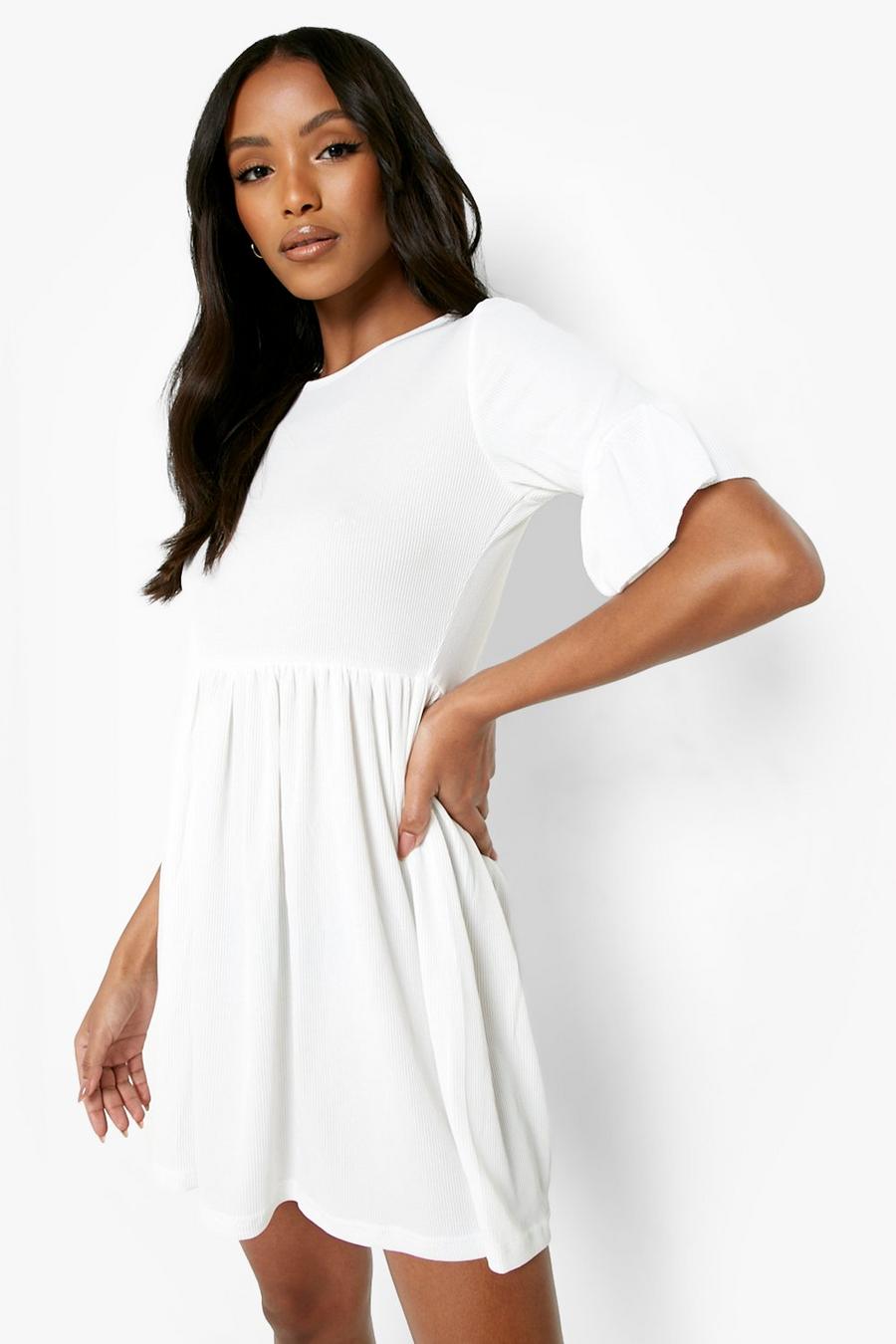 White Petite Recycled Rib Frill Sleeve Smock Dress image number 1