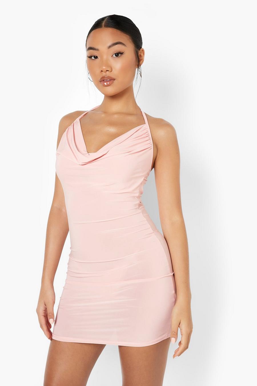 Blush pink Petite Cowl Neck Ruched Slinky Mini Dress