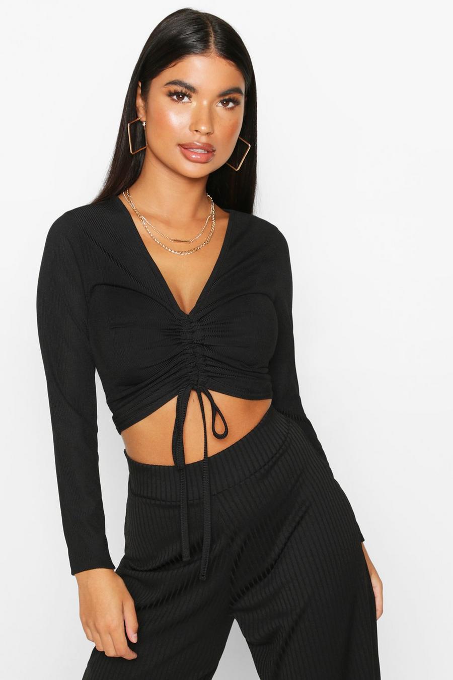 Black Petite Recycled Ribbed Ruched Detail Top
