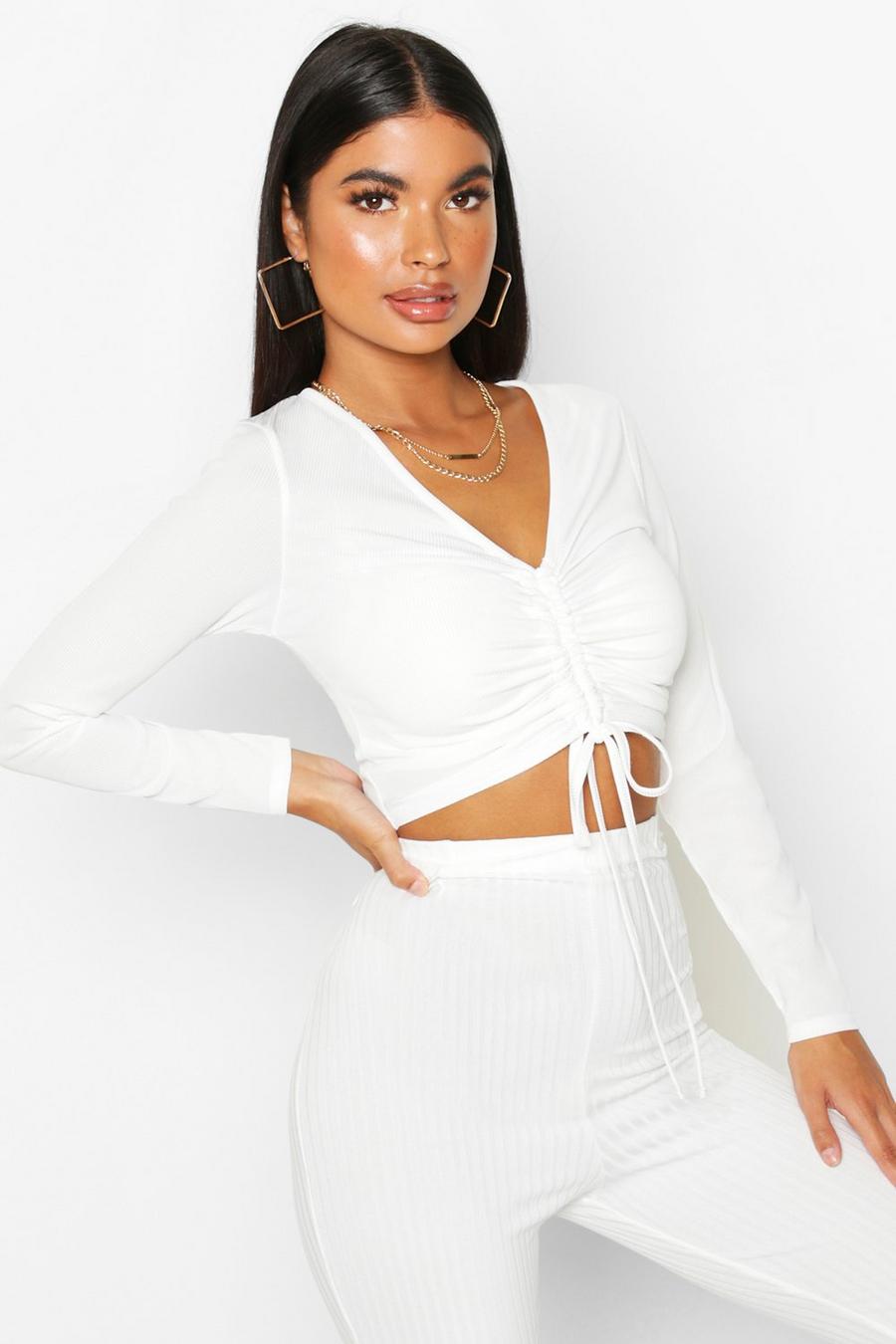 Ivory Petite Ribbed Ruched Detail Top image number 1