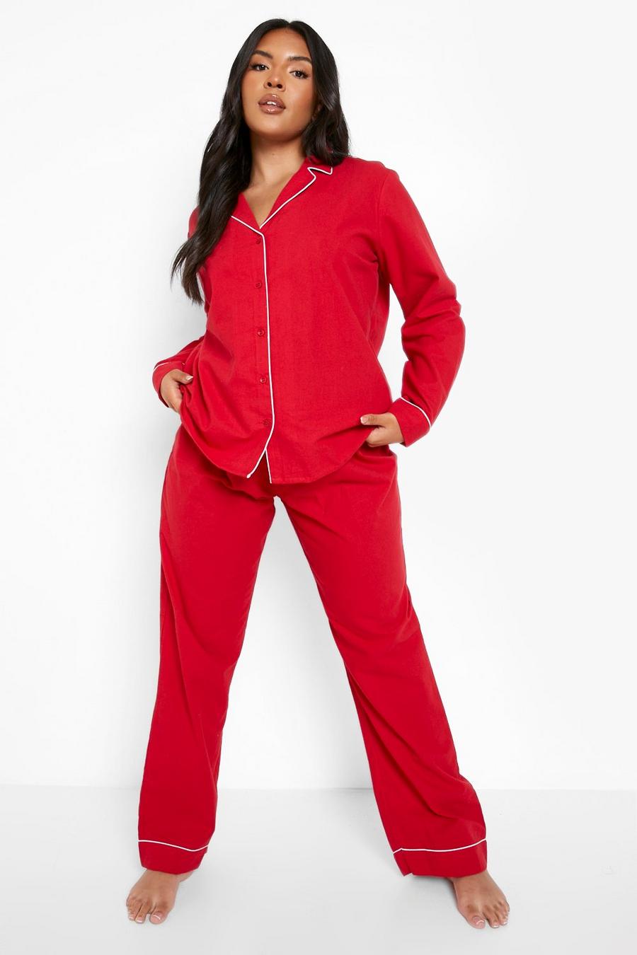Red Plus Brushed Cotton Piping Detail Shirt And Pants Pajama Set image number 1
