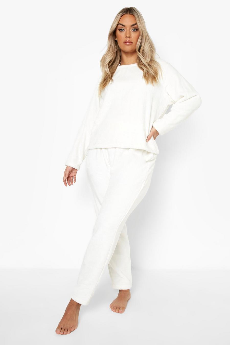 Cream white Plus Fluffy Faux Fur Long Sleeve Top & Trousers Pyjama Set