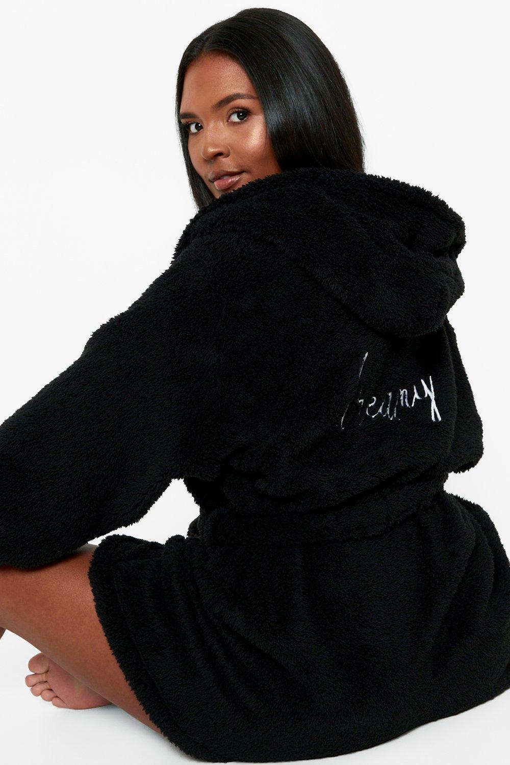 Black fluffy cheap hooded dressing gown