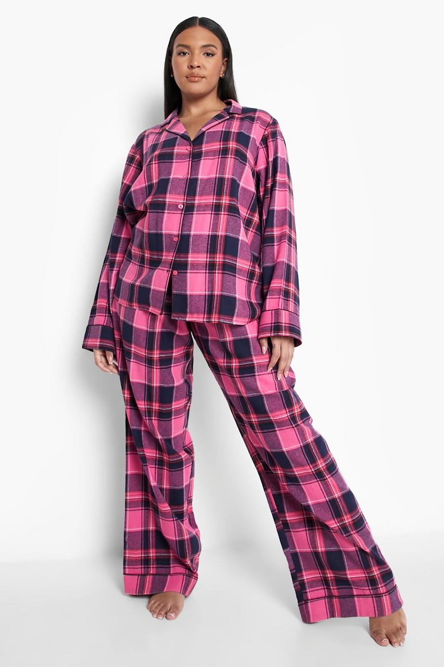 Camisa Plus de pijama de franela con estampado de cuadros - pieza intercambiable, Pink image number 1