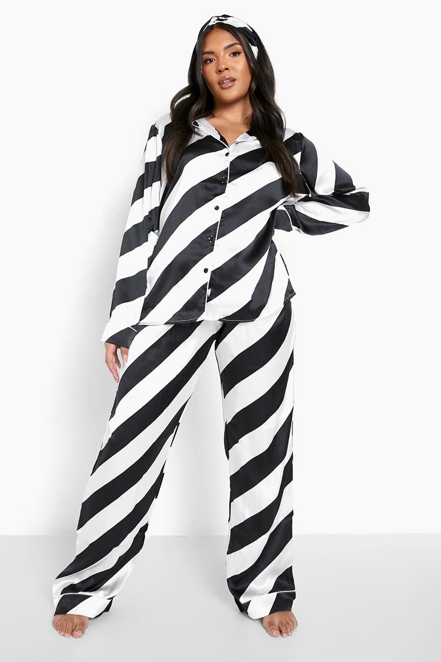 Set pigiama Plus Size a righe Candy Cane & fascia per capelli, Black image number 1