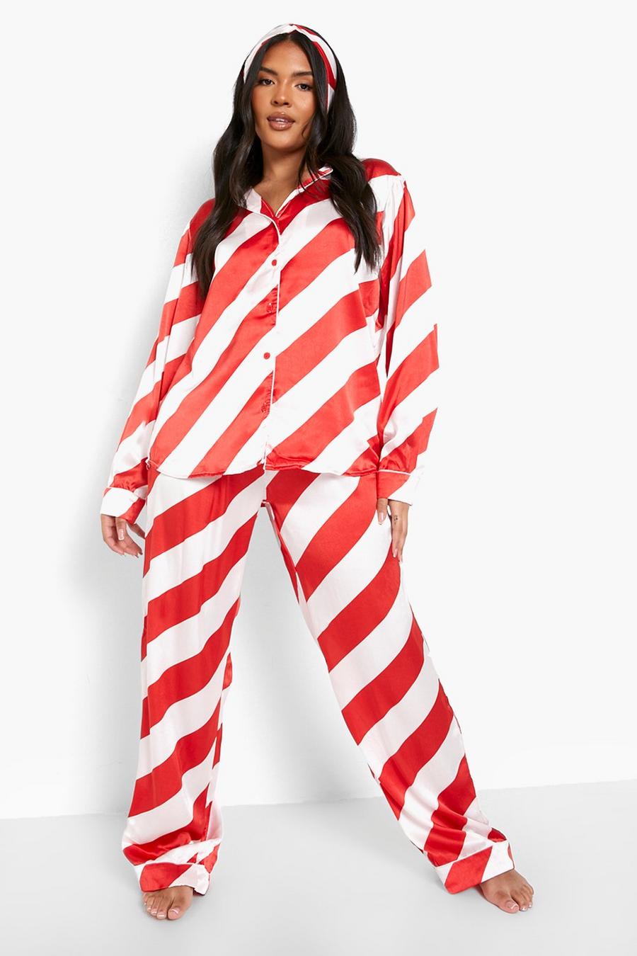 Pijama Plus de raso con rayas y bastones de caramelo con diadema, Red image number 1