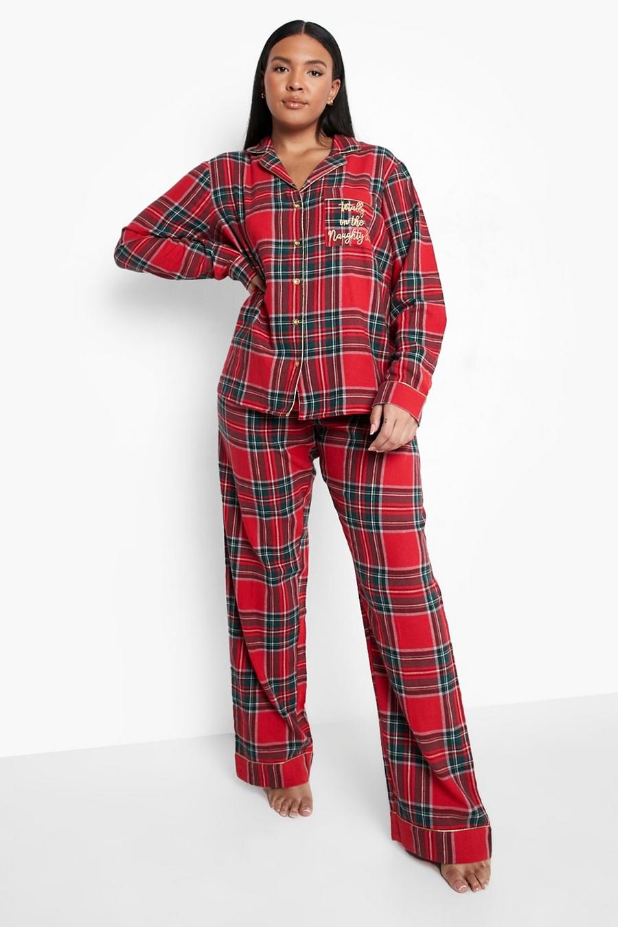 Red Plus Christmas Naughty List Slogan Plaid Flannel Shirt And Pants Pajama Set