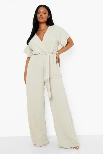 Plus Woven Belted Wide Leg Jumpsuit stone
