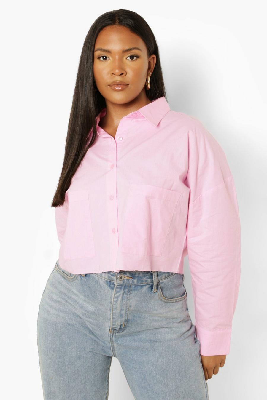 Baby pink Plus Cropped Raw Edge Poplin Shirt image number 1