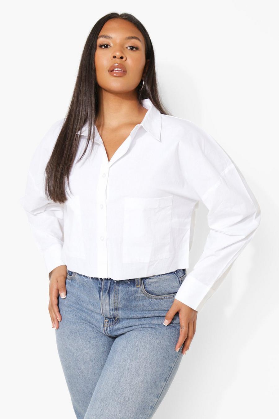 White Plus Cropped Raw Edge Poplin Shirt image number 1