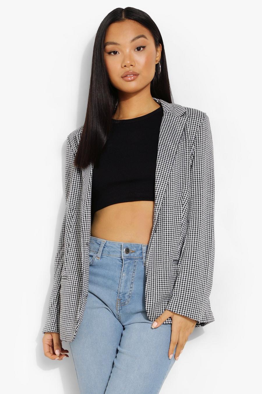 Black Petite Woven Dogtooth Check Oversized Blazer image number 1