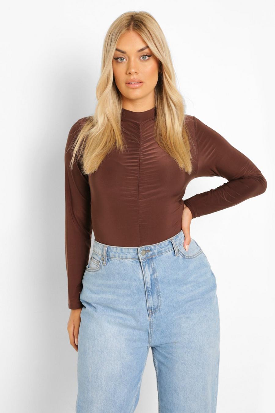 Chocolate Plus Ruched Roll Neck Bodysuit image number 1