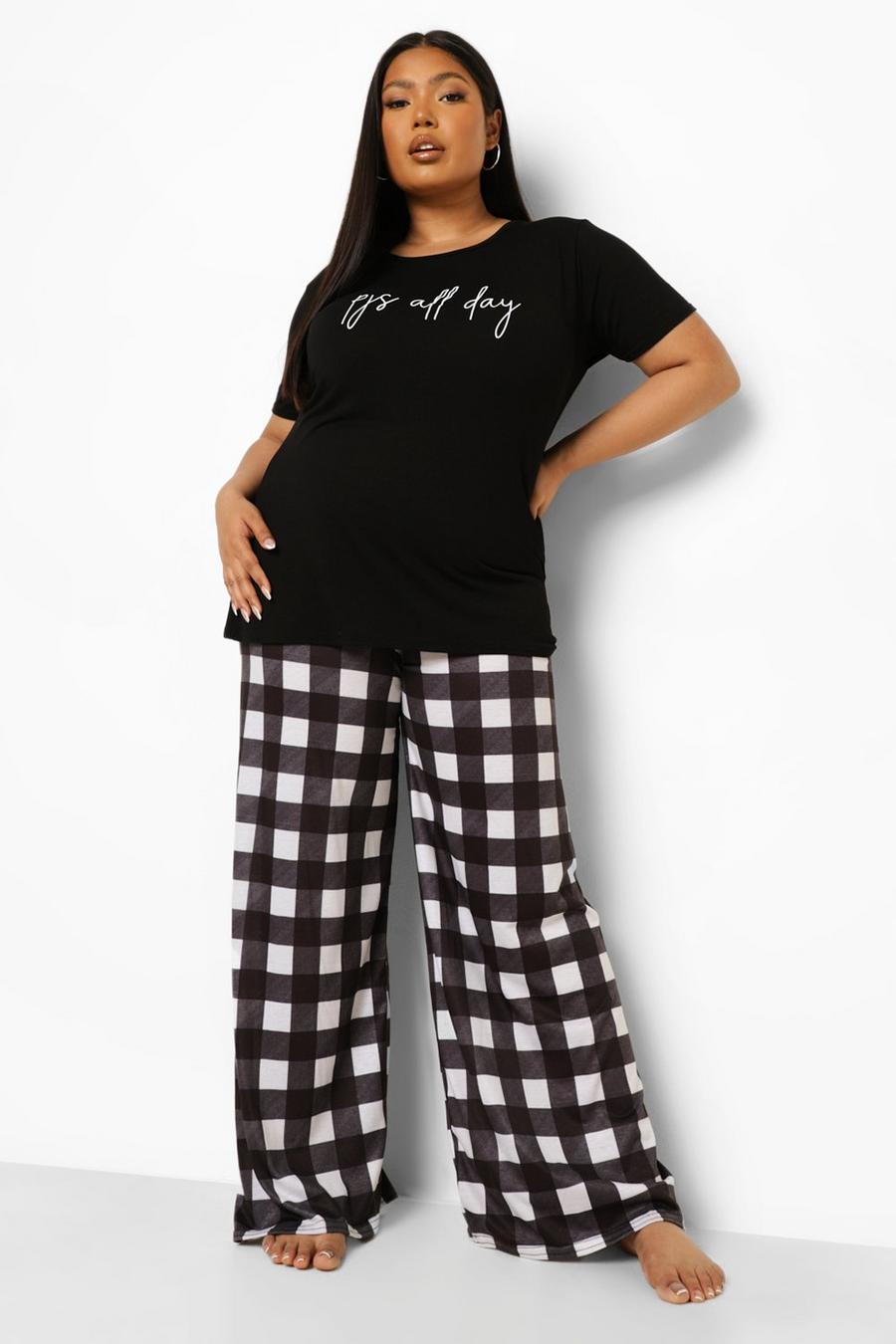 Black Plus 'Pjs All Day' Slogan Top & Gingham Pants Pajama Set image number 1