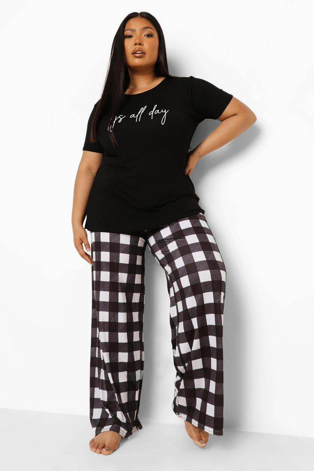 Plus Pjs All Day Slogan Top Gingham Pants Pajama Set