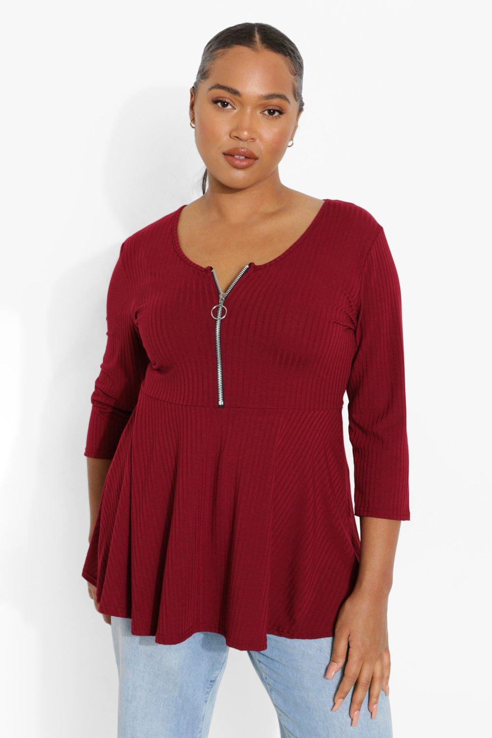 Red Plus Recycled Zip Front Rib Peplum Top