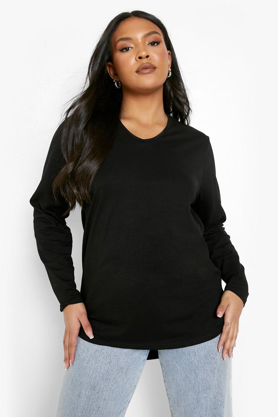 T-shirt Plus Size Basic a maniche lunghe, Black image number 1