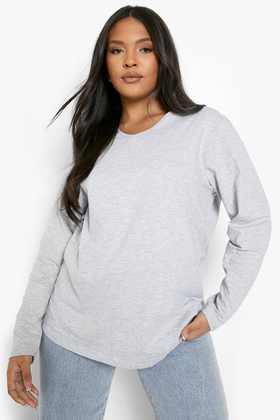 T-shirt Plus Size Basic a maniche lunghe, Grey grigio