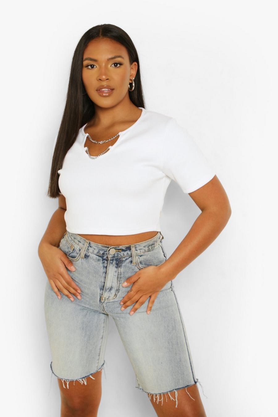 White Plus Rib Chain Notch Neck Crop Top image number 1