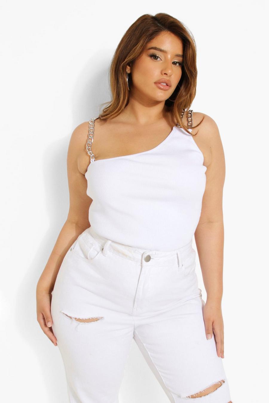 White Plus Chain Strap Asymmetric Cami Top image number 1