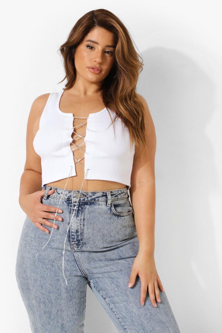 White Plus Rhinestone Lace Up Crop Top image number 1
