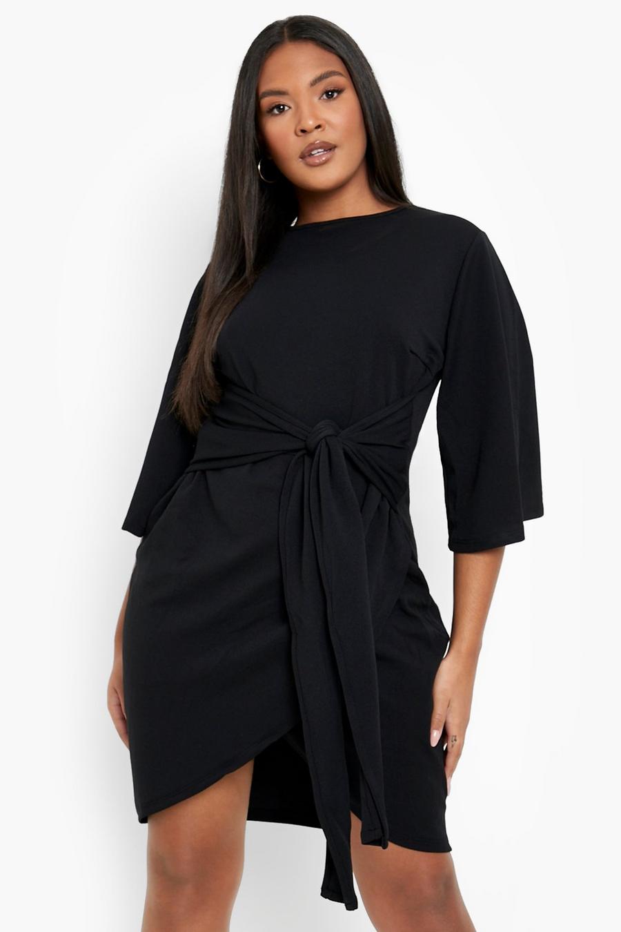 Black schwarz Plus Kimono Sleeve Tie Waist Wrap Dress image number 1